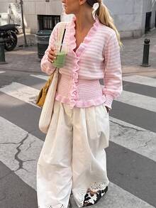 Women's Pink Striped Knit Cardigan, Vintage Elegant Ruffle V-Neck, Autumn Outfit, Suitable For Party & Gathering & Commute Wear. - Pink - View 7