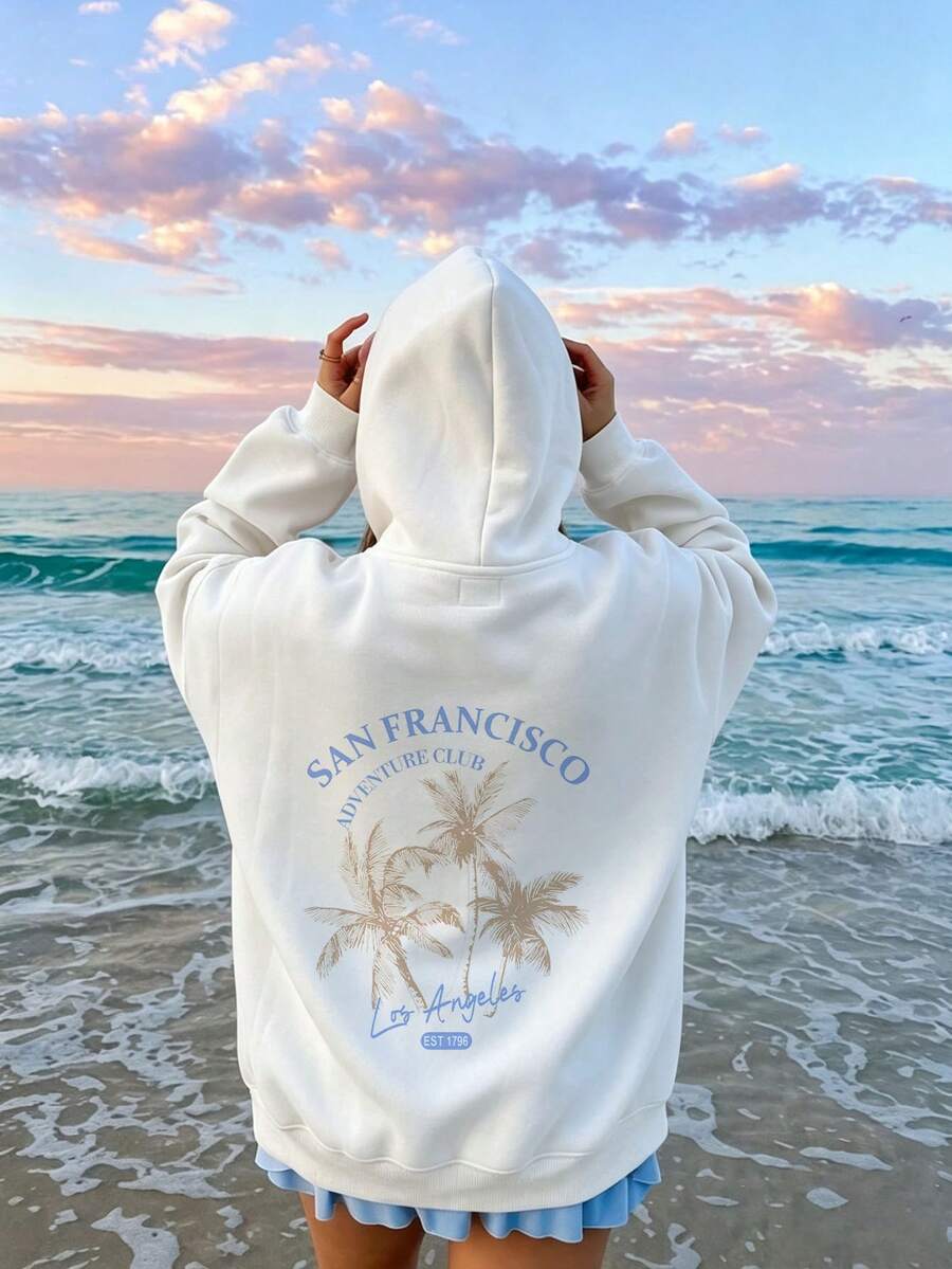 Women Vintage Palm Tree Back Print Hoodie, San Francisco Letter Graphic Casual Oversized Hooded Pullover - White - View 1