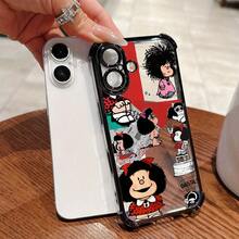 Funda de teléfono de lujo europea y americana, semitransparente, con diseño de dibujos animados, elegante, con lazo, estilo Mafalda, adecuada para iPhone 16, 16e, 15, 14, 13, 12 Mini, 11 Pro Max, X, XR, XS Max, 8, 7 Plus, con marco negro, cubierta trasera transparente anticaída, diseño premium. - Color 1 - Ver 7
