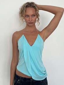 Top Dazzle Chic Knit Fabric Deep V-Neck Backless Camisole, Asymmetrical Hem, Suitable For Bohemian Style - Blue - View 4