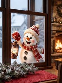 Christmas Static Clings Window Sticker, Cute Snowman Window Decal, Snowman Holding Rustic Lantern Window Decal, Double-Sided Visible, For Living Room Cafe Farmhouse Holiday Window Decoration, Christmas Window Decorations, Holiday Party Decor - Multicolor - View 3