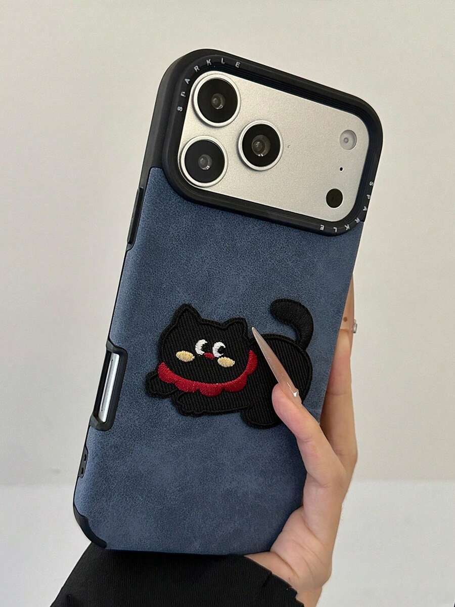 1pc 3D Embroidered Cute Cat Korean Ins Style Phone Case Compatible With Apple 18/17 Pro Max, Premium 16 Pro New 15 Matte Finish 14 13 Pro Unisex Ins Fashion Minimalist - Blue - View 1