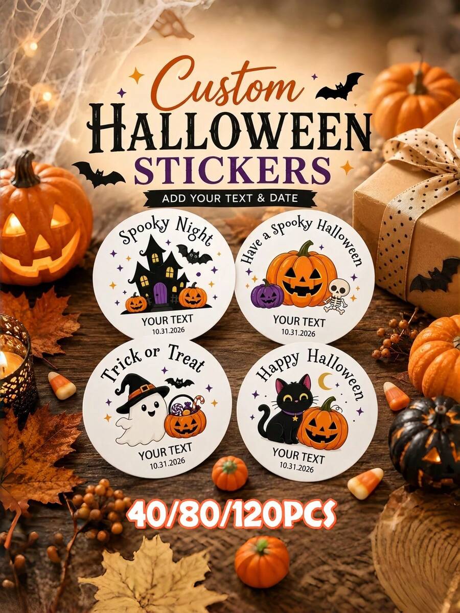 40/80/120pcs Personalized Halloween Stickers, Customized Name And Date Halloween Labels, Scary Party Gift Stickers, Pumpkin Ghost Bat Gift Labels, Halloween Trick Or Treat Bag Labels, Party Favors, Wedding, Halloween - Multicolor - View 1