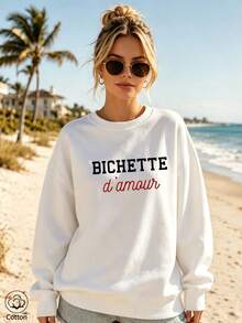Women's Crew Neck Sweatshirt, Travel Pullover, Cotton Top, Women's Autumn/Winter Basic Sweatshirt - White - View 4