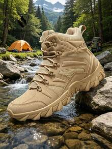 Men's Breathable Durable Side Zipper Lace-Up Round Toe High-Top Thick Sole Tactical Boots, Outdoor Hiking Desert Climbing Tactical Outdoor Spring Summer Suitable For Outdoor Hiking. - Sand Color - View 3