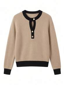 SEREN Fashion كنزة نسائية كاجوال اللون، ملابس علوية محبوكة بأكمام طويلة مع فتحة رقبة على شكل ثقب مفتاح وزينة أزرار - كاكي - مشاهدة 6