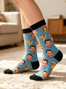 1 Pair Unisex Customized Face & Pizza Pattern Blue Elastic Fabric Comfortable Novelty Ankle Socks, Suitable As Birthday Gift/Casual Daily Wear - Multicolor - View 4