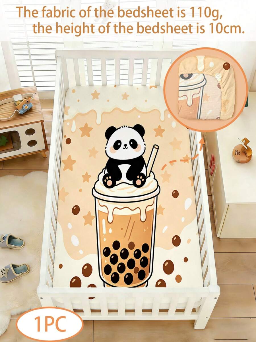 1PC Cute Panda Bubble Tea Star Printed Mattress Cover, Polyester Material Neutral Baby Bed Sheet, Suitable For Newborns And Toddlers' Beds - Multicolor - View 1