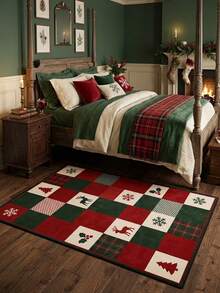 1pc Christmas Themed Pattern Velvet Carpet, Soft, Home Decor, Room Decor, Autumn Decor, Autumn Home Decor, Home Supplies, Doormat, Living Room Carpet, Kitchen Mat, Kitchen Decor, Bedroom Decor, Bathroom Decor, Bathroom Mat, Easy To Clean - Multicolor - View 1