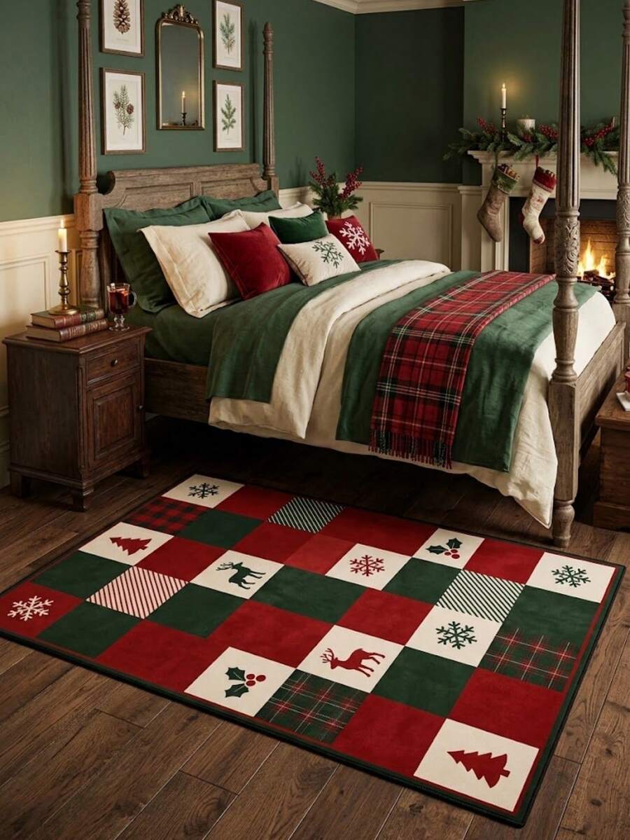 1pc Christmas Themed Pattern Velvet Carpet, Soft, Home Decor, Room Decor, Autumn Decor, Autumn Home Decor, Home Supplies, Doormat, Living Room Carpet, Kitchen Mat, Kitchen Decor, Bedroom Decor, Bathroom Decor, Bathroom Mat, Easy To Clean - Multicolor - View 1