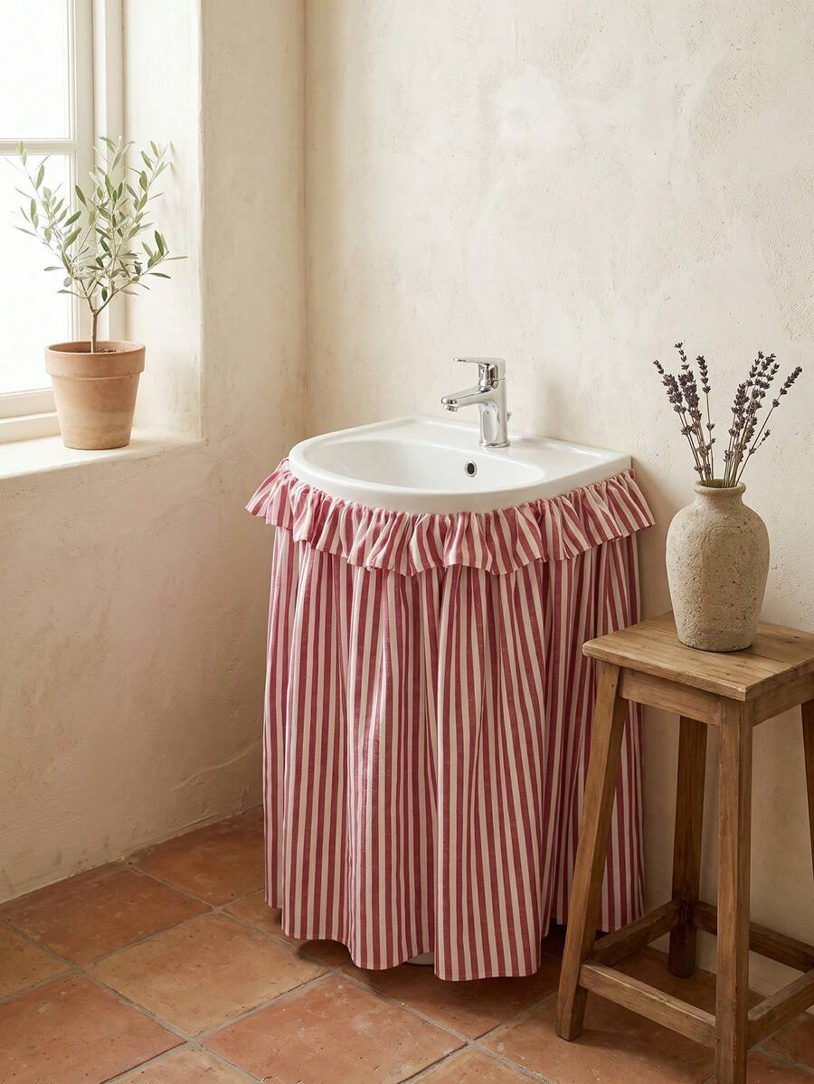 1/2pcs Red Striped Farmhouse Ruffle Sink Skirt Decorative Cabinet Curtain Bathroom Kitchen Sink Skirt Brown Striped Pleated Short Curtain Home Classroom Country Style Table Privacy Curtain Laundry Room - Red - View 1