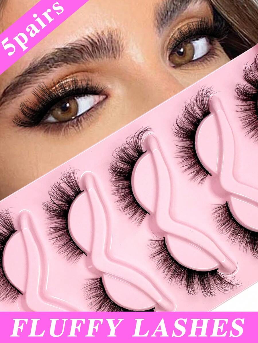 ENCHUW 5 Pairs Fox Eye Eyelashes Cat Eye Lashes Eyelashes Fluffy Soft Natural Long Fake Lashes - Black - View 1