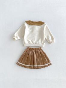 Miniweenns 2pcs/Set Baby Girl Spring/Autumn Outdoor Casual Back To School Long Sleeve Applique Sweatshirt + Sweet Pleated Skirt - Multicolor - View 5