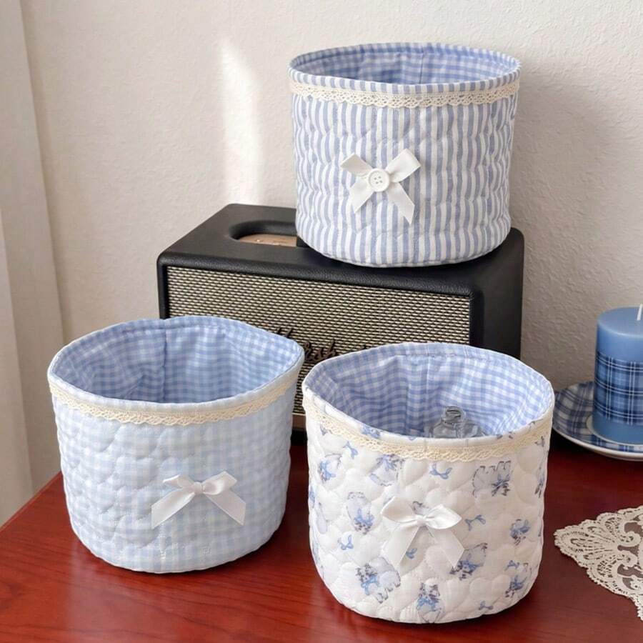 Bowknot Fabric Storage Basket Highly Attractive Desktop Organizer Bin For Cosmetics, Snacks, Sundries, Cute Striped/Plaid/Bear Print Makeup Storage Basket, Decorated With Bowknot Ribbon, Multi-Functional Cosmetic Storage Box, Can Hold Lipstick, Brushes, Skincare Products, Pens, Hand Cream, Hair Clips, Phone, Earphones, Etc. - Multicolor - View 1