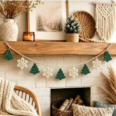 1 pieza Pancarta de decoración para fiesta de Navidad y Año Nuevo, banderas tejidas a mano de colores con guirnalda de copos de nieve y árbol de Navidad, adecuada para repisa de chimenea, decoración colgante de pared, se adapta a varios estilos de decoración del hogar