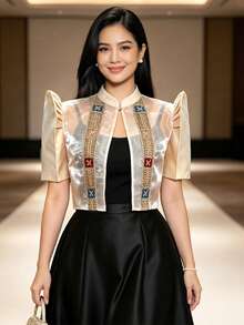 1件現代菲律賓風上衣，蝴蝶袖拼接鈕扣短袖開襟襯衫女款，適合旅行與度假 - 香檳色 - 查看 5