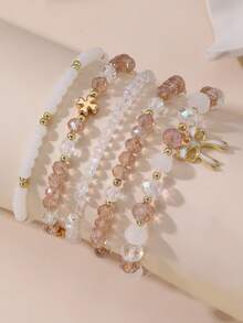 5pcs/Set Girls Beaded Bracelets Sweet Bow Pendant Elastic Wristbands Versatile Accessories - Multicolor - View 6