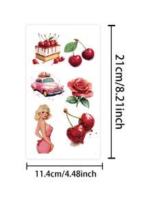 Sweet Cool Girl Style Pink Cherry Waterproof Temporary Tattoo Stickers, Fresh Cake Rose Pattern, Vintage Design, Suitable For Arm, Chest And Back Decoration, Lasts 2-5 Days - Multicolor - View 4