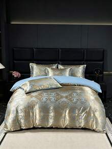 Jacquard Hautfreundliches gebürstetes weiches bequemes Bettbezug Set 3 Stücke (1*Bettbezug+2*Kopfkissenbezüge), geeignet für Schlafzimmer, Gästezimmer - Gold - Übersicht 3