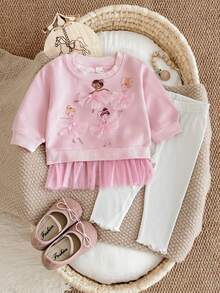 2Pcs/Set Baby & Toddler Girls Mesh Patchwork Sweatshirt Set, Ballet Girl Print Top With Frill Trim Leggings, 2 Pieces Outfit, Spring/Autumn - Pink - View 16