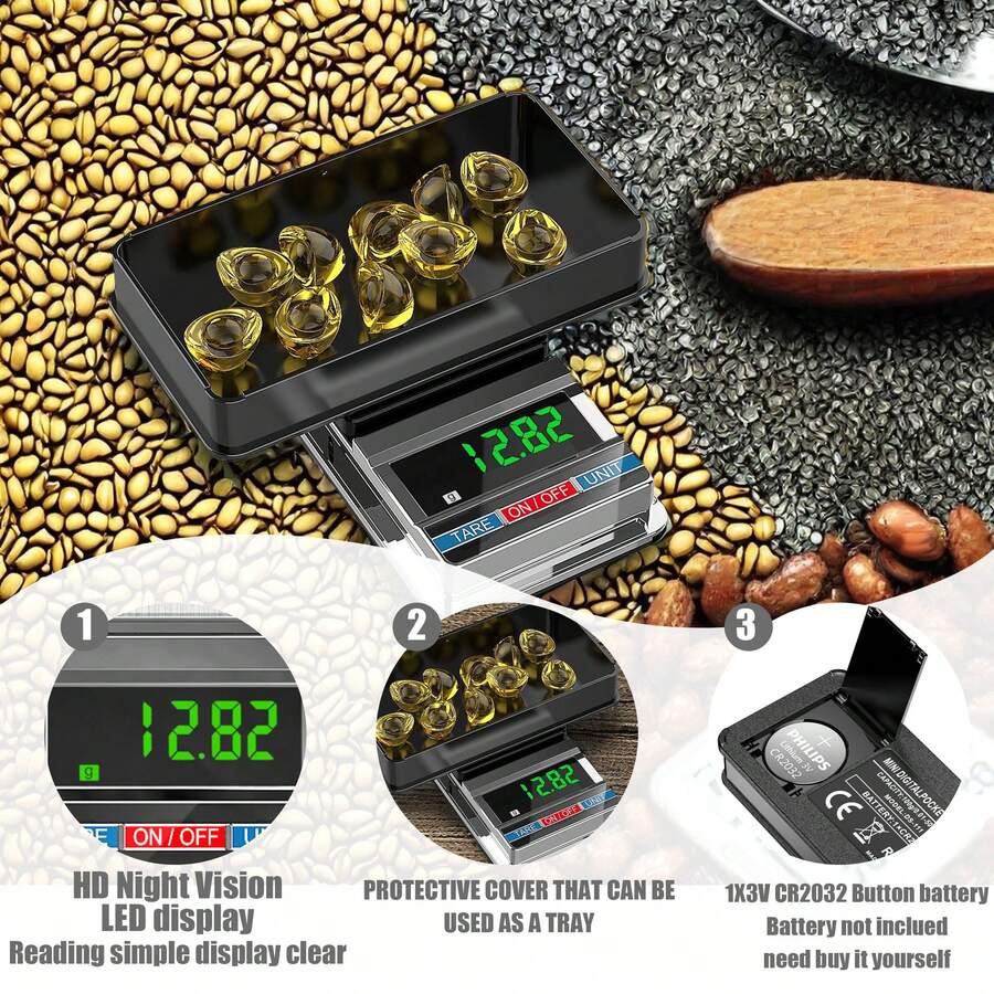 [熱銷新品] 迷你便攜式珠寶秤，口袋秤，最大稱重 500g。可用作托盤。配備背光 LCD 顯示螢幕，是廚房和泡茶必備的稱重工具。不含電池。 - 珠寶秤 - 查看 1