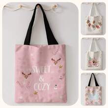 1pc Random Christmas Print Canvas Tote Bag, Large Capacity Hand‑Held Shoulder Bag,Reusable Shopping Bag For Music Festival Party Daily Packing Books - Pink - View 1