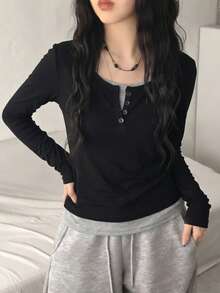Women's 2-In-1 Patchwork Casual Versatile Long Sleeve T-Shirt, Daily Wear, Black - Black - View 4