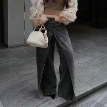 Women Y2K Split Long Denim Pants, High Waisted Loose Wide Leg Trousers, Streetwear Statement Bottoms - Light Blue - View 4