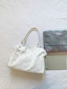 Polka Dot Print Tote Bag With Star Charm, Large Capacity Storage, Adjustable Drawstring, Sweet Casual Style, Handheld And Shoulder Carry, Suitable For School, Commute, Shopping, Travel, Daily Use, Fresh Atmosphere, Easy To Match With Various Outfits, Practical And Stylish - White - View 3