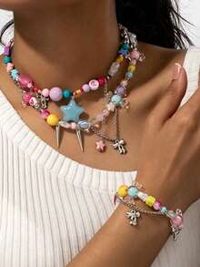 Candy Park Colorful Beaded Bow & Star Necklace, Flower Bracelet, Niche Gentle Cute Jewelry For Women's Daily Wear - Multicolor - View 1