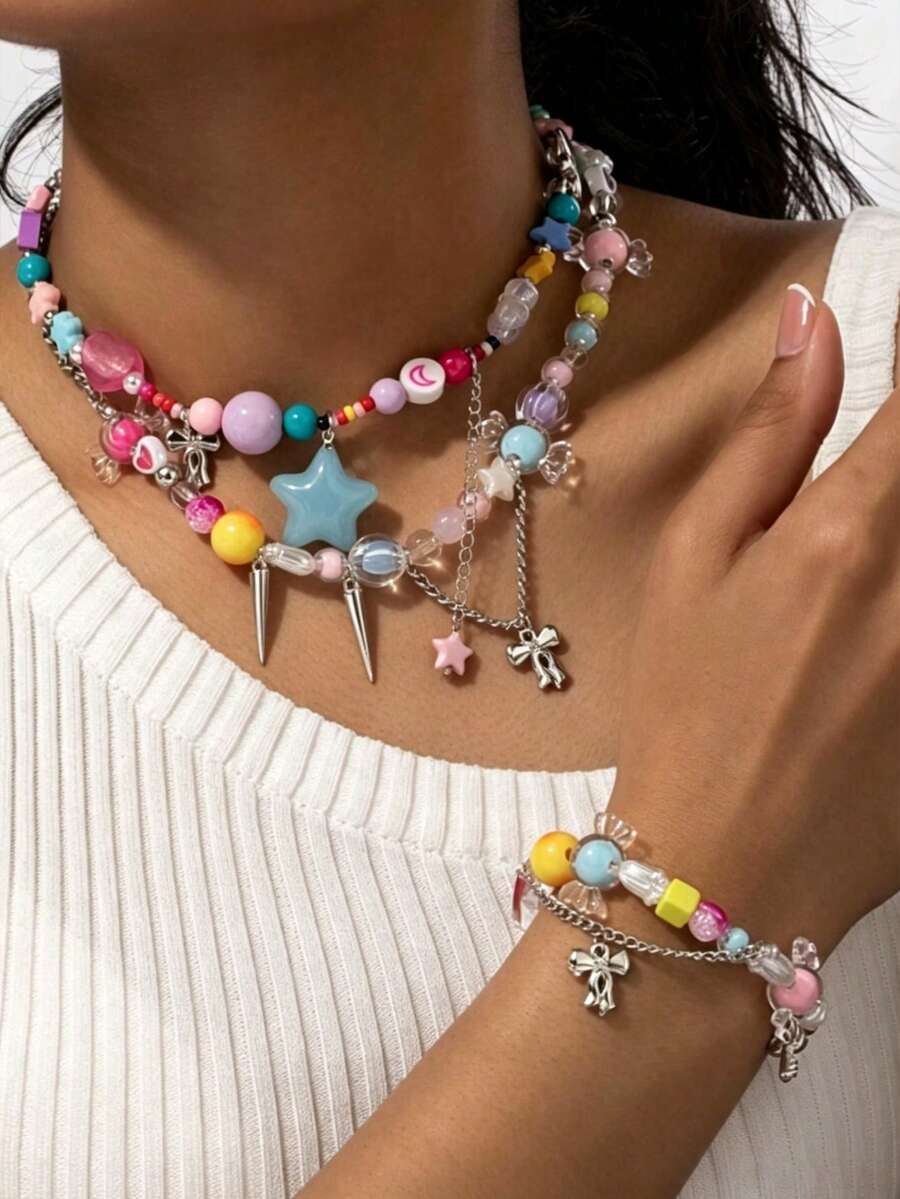 Candy Park Colorful Beaded Bow & Star Necklace, Flower Bracelet, Niche Gentle Cute Jewelry For Women's Daily Wear - Multicolor - View 1