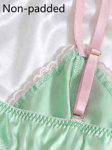 2pcs Women's Pajama Set, Adjustable Strap Deep V-Neck Top With Bow Decor, Lace Hollow Design Waist Shorts, Comfortable Loungewear - Green - View 7