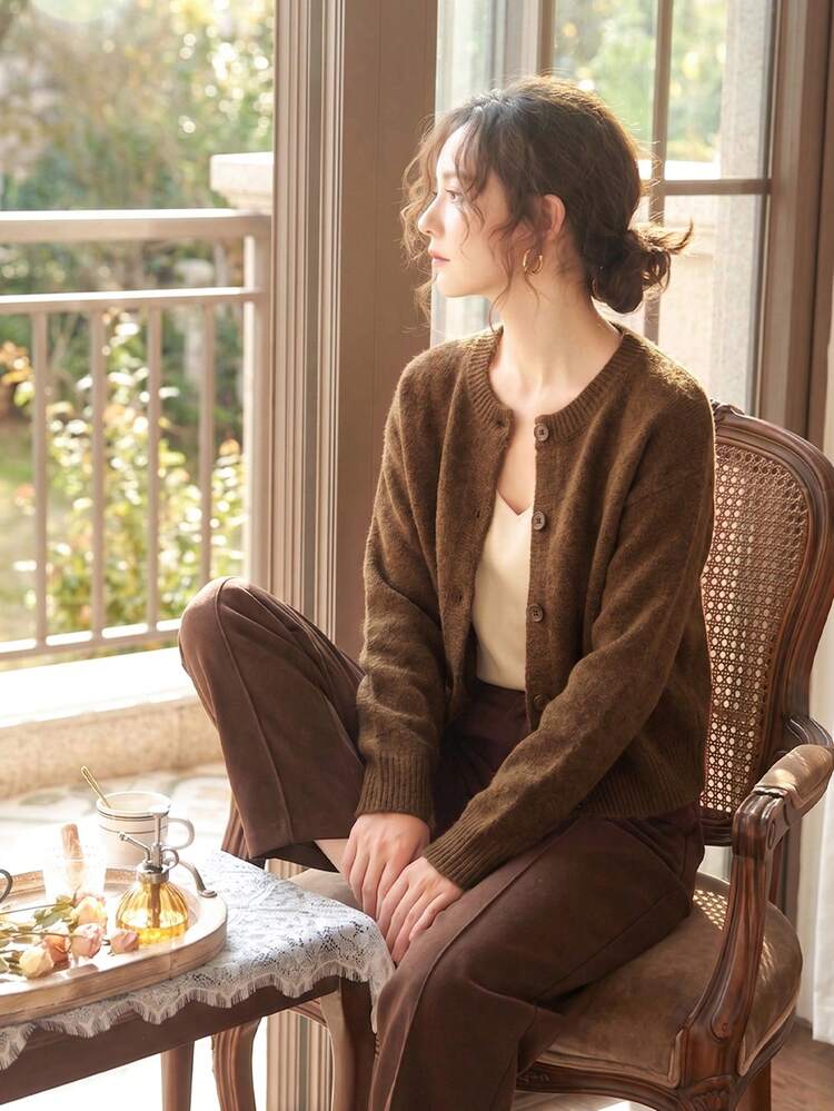 Knit Mix 優雅女款秋冬時尚休閒簡約寬鬆針織圓領長袖開襟毛衣上衣 開學季外套 - 黃花杏 - 查看 9
