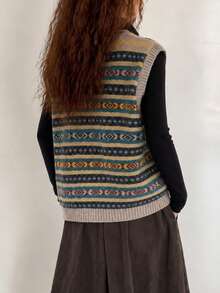 Women's Autumn/Winter Casual Minimalist Elegant Gentle Classic Vintage Pattern V-Neck Pullover Vest - Yellow Tones - View 2