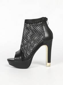 Fashionable Fishnet Hollow Out Women's Short Boots~Black Chunky High Heel Platform Back Zipper Peep Toe Sandals - Black - View 6