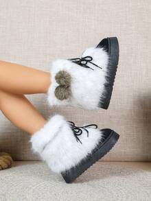 Sepatu Bot Salju Pendek Wanita Warna Putih Embun Gradien Berbahan Plush, Sepatu Bot Ankle Berbahan Suede Warna Solid dengan Tali Pengikat dan Sol Tebal - Hitam - View 2