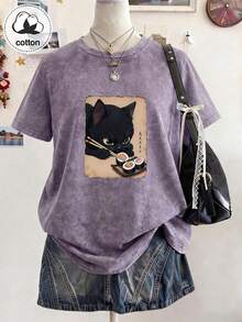 Japanese Retro Black Cat Eating Sushi Print Short Sleeve T-Shirt, Cool Niche Design, Women's Autumn Casual Summer Top - Medium Purple - View 6
