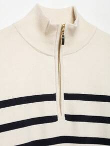 DEEKA Autumn/Winter New Women's European And American Style Fashion Minimalist Versatile Zipper Striped Knit Sweater Pullover - Beige - View 5
