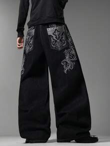 Men's Gothic Street Brand Wide Leg Jeans, Exquisite Retro Embroidery, Comfortable Versatile All-Season Long Pants (No Belt & Accessories) - Black - View 1