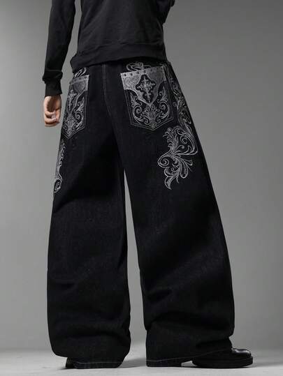 Men's Gothic Street Brand Wide Leg Jeans, Exquisite Retro Embroidery, Comfortable Versatile All-Season Long Pants (No Belt & Accessories)