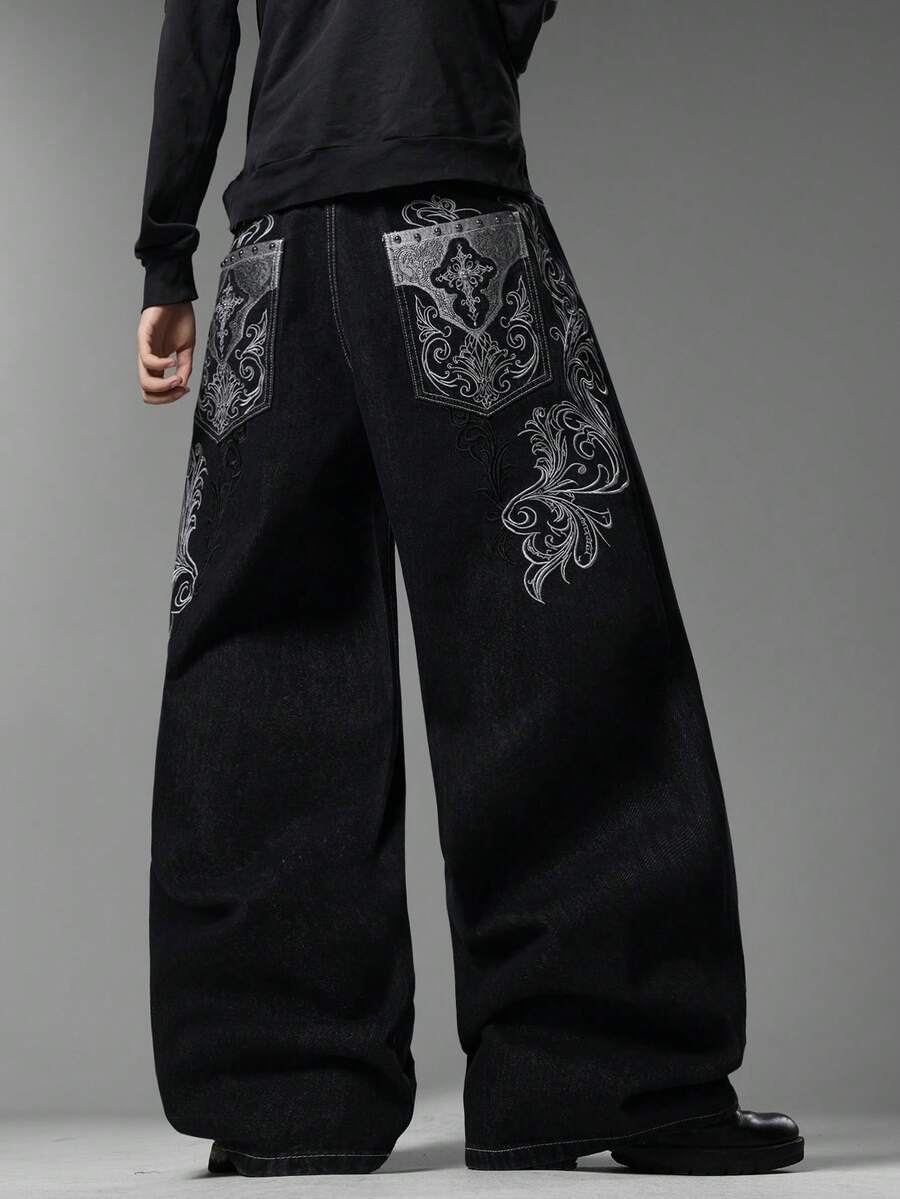 Men's Gothic Street Brand Wide Leg Jeans, Exquisite Retro Embroidery, Comfortable Versatile All-Season Long Pants (No Belt & Accessories) - Black - View 1