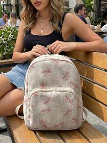 1 Piece Backpack, Women's Mini Backpack, Corduroy Girl School Bag, Travel Storage Bag, Bow Printed Design, Large‑Capacity Foldable Easy‑To‑Store Bag, Lightweight & Pressure‑Relieving, Multi‑Pocket Layered Design With Zipper Closure - Pink Bow 22650 - View 1