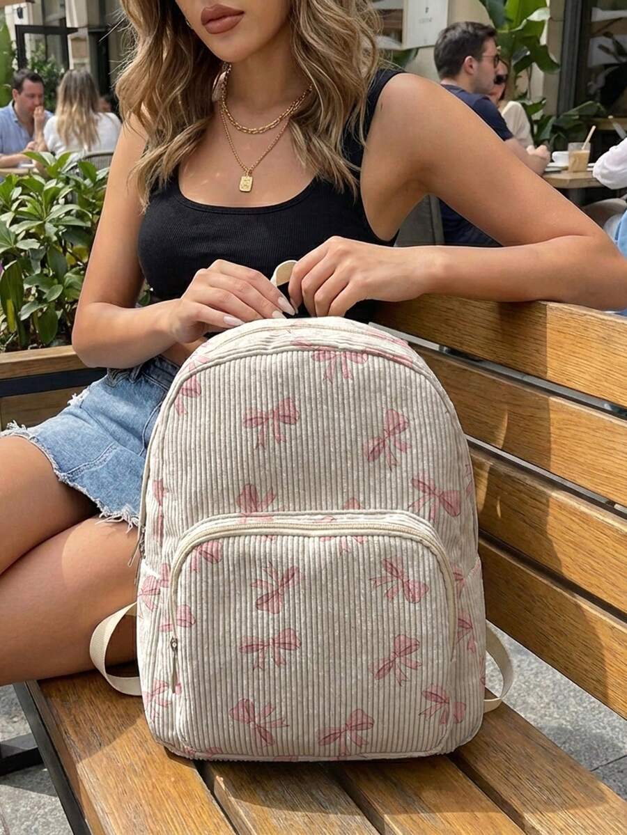 1 Piece Backpack, Women's Mini Backpack, Corduroy Girl School Bag, Travel Storage Bag, Bow Printed Design, Large‑Capacity Foldable Easy‑To‑Store Bag, Lightweight & Pressure‑Relieving, Multi‑Pocket Layered Design With Zipper Closure - Pink Bow 22650 - View 1