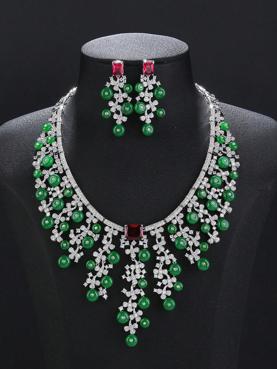 1 Set 3Pcs Fashion Grape‑Shape Copper Inlaid Zirconia Jewelry Set, Necklace & Earrings, Evening Party Accessories For Formal Gown Matching - Elegant Jewelry Set - View 1