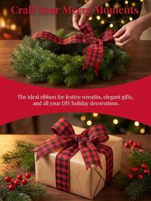 2/1 Roll Christmas Ribbon, Red & Black Buffalo Plaid Ribbon, Christmas Packaging Ribbon, Suitable For Wreath Making, Gift Decoration Packaging, Handmade Bow DIY, Christmas Home Decor, Room Decoration, Adding Christmas Atmosphere - Fabric Strap - View 5