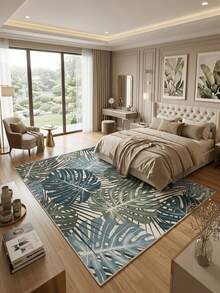 1PC Monstera & Palm Leaf Print Water Blue & Cream Area Rug, Modern Tropical Style Faux Cashmere Rectangular Intertwined Plant Leaf Pattern Machine Washable Floor Mat, Suitable For Living Room, Bedroom, Balcony Home Decor - Multicolor - View 2