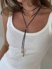 1pc Vintage Y-Shaped Gold Bead Long 3-Layer Necklace - Multicolor - View 2