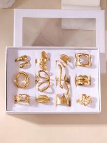 12PCS Exaggerated Elegant 18K Gold Plated Stainless Steel Heart Flower Geometric Crown Bow Rings Jewelry Box Set Gift Box Packaging Suitable For Women Daily Wear And Gifting - Gold - View 9