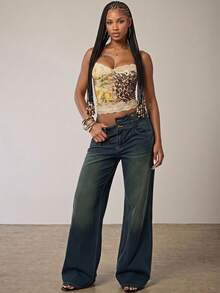 Eshe Glo Women's Dark Blue Vintage Washed Asymmetrical Waist Low-Rise Wide Leg Jeans, Street Wear Y2k Autumn Loose Asymmetric Work Trousers Fall - Dark Wash - View 2