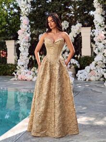 Elegant Tube Top Waisted Backless Bodycon Tie-Back Fishbone Floor-Length Bridesmaid Dress Prom Gown Homecoming Wedding Guest Formal Dinner Fall - Apricot - View 5